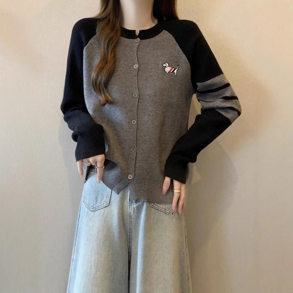Design Color Block Embroidered Dog Knit Cardigan Women Spring Round Neck Patch Long Sleeve Coat