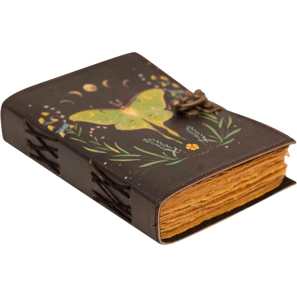 Bags sel de mer upcycled canvas crossbody bag for women and Leather journal Luna Moths and Morpho Butterfly Print Diary Perfect Present