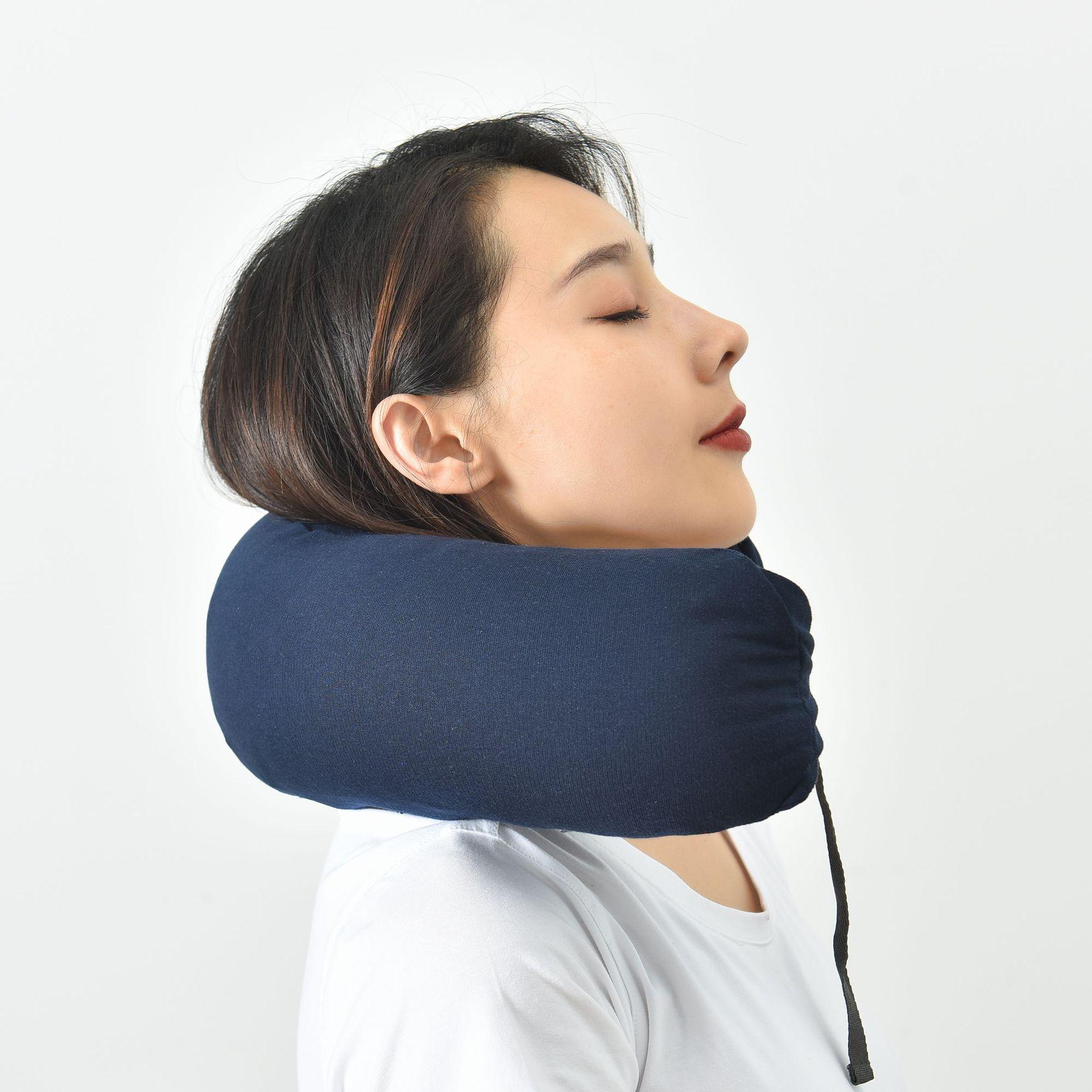 

Travel Pillow Cotton U-Shape Head Rest Neck Pillow with Hood for Airplane Car Office Dark Blue