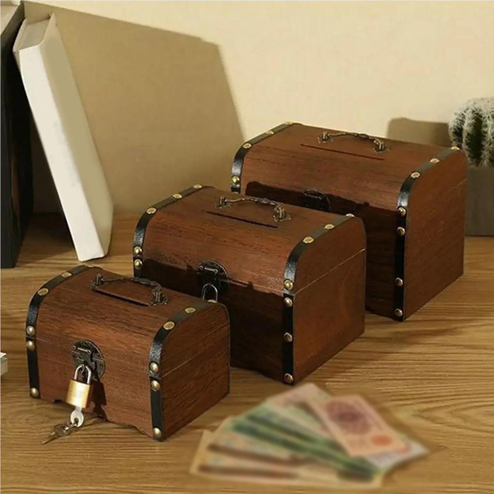 14.5*10*9.5cm Wooden Money Box With Lock And Key Secure Wood Piggy Bank For Saving Money Home Storage Boxes Bins Accessories