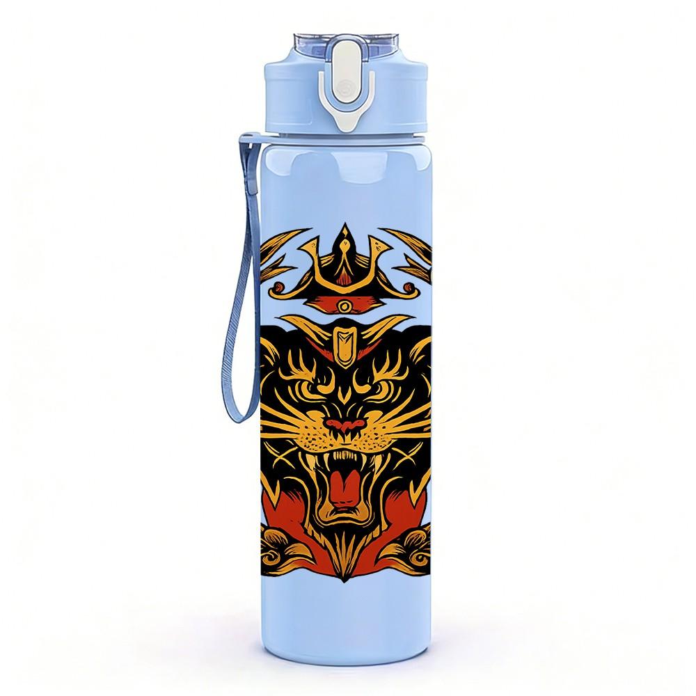 1PC Tiger Head Ornate Frame Print 750ml Color Plastic Sports Water Bottle Leakproof Flip Straw Lid Suitable for Sports Office Home Use