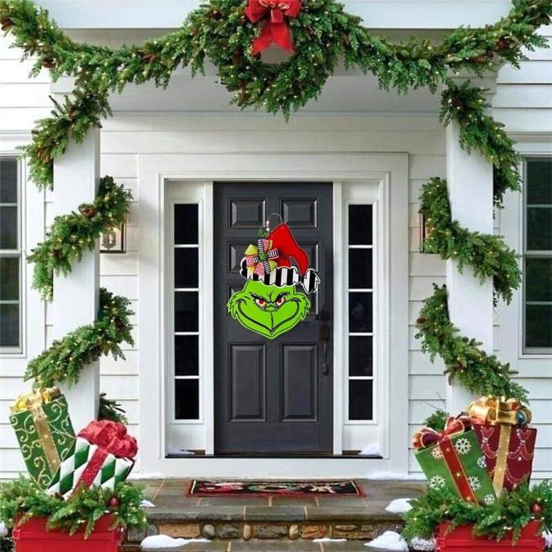 Grinch Christmas Wooden Wreath Front Door Welcome Sign Wall Home Decoration