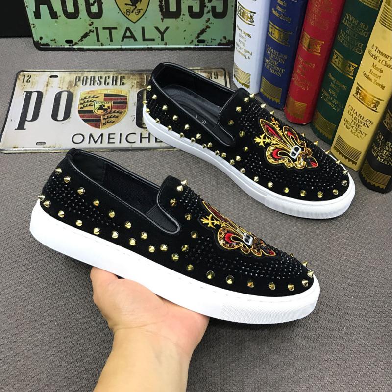 Fashion Luxury Designer New Men's Britain Rhinestone Rivet Embroidery Casual Flats Platform Shoes Zapatos Hombre Sport Walking Sneakers