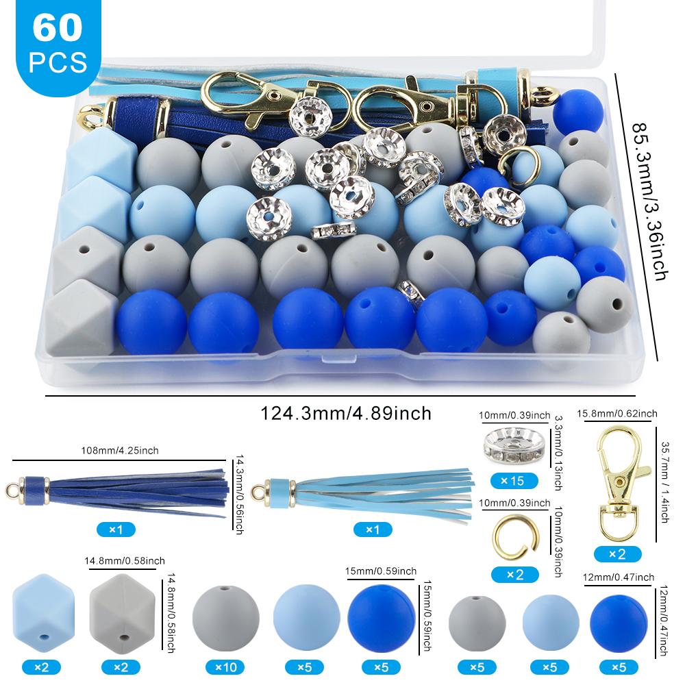 New 60Pcs/Box Leather Keychain Tassels Silicone Bead Round Hexagon Lentil For Jewelry Making DIY Keychain Bracelet Accessories