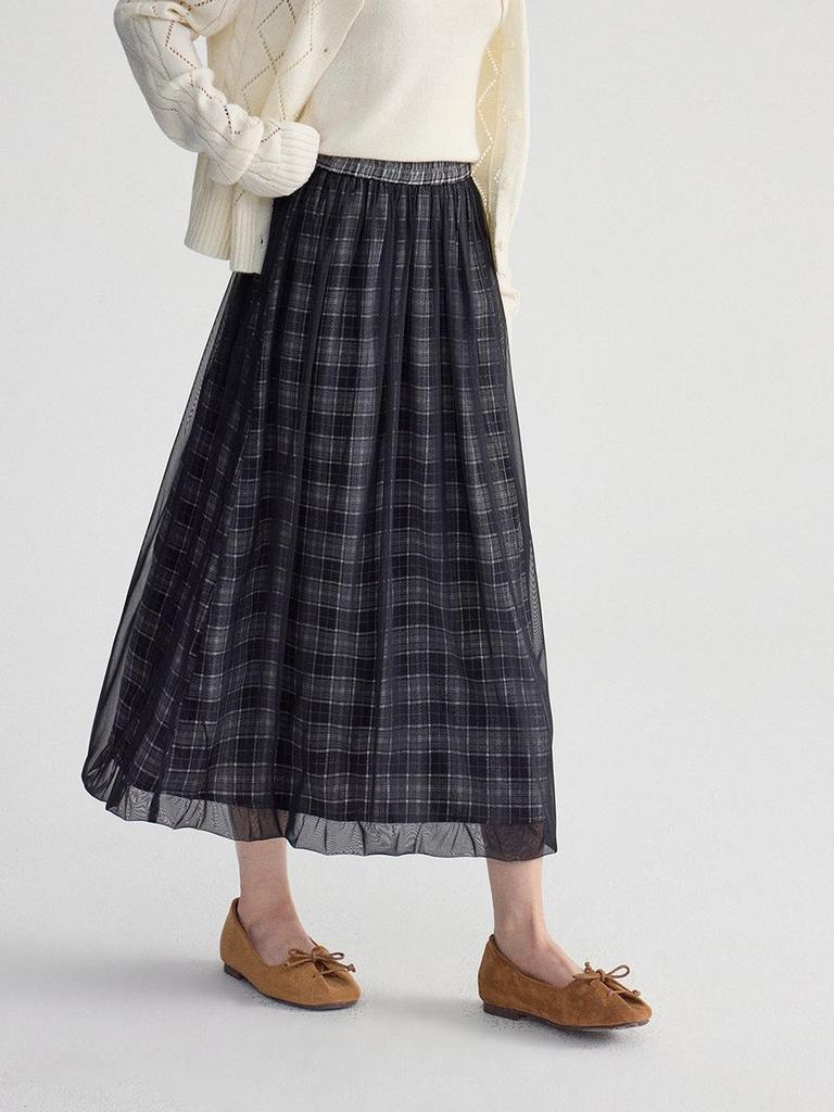 Ge Ming Retro Plaid Mesh Patchwork A-line Mid-length Skirt for Women - Spring Style