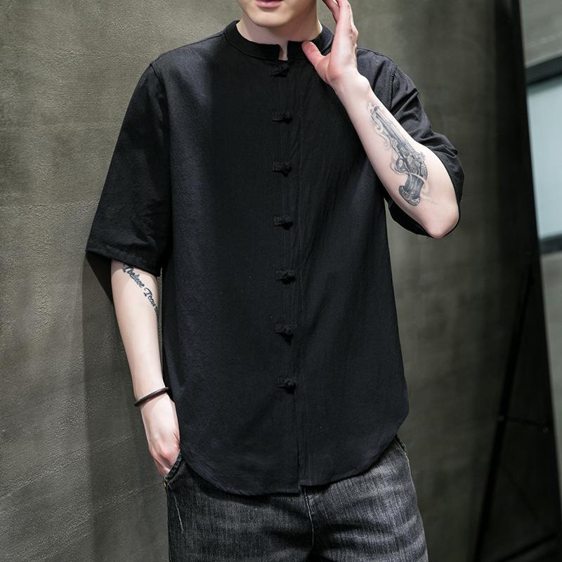 Summer Tang Suit Retro Chinese Style Cotton and Linen Three-quarter Sleeve Shirt Men's Solid Color Stand-up Collar Button Short-sleeved Shirt