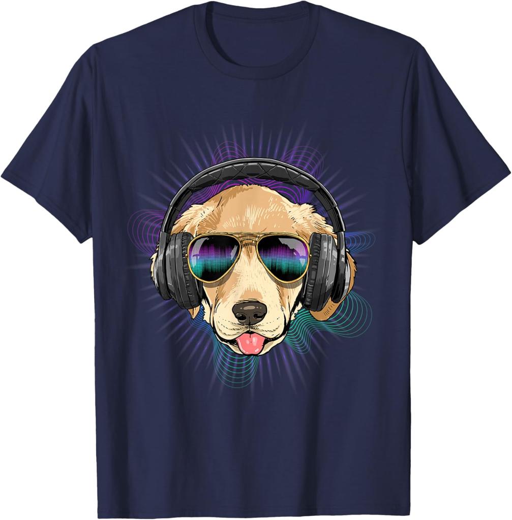 Cool Golden Retriever DJ Music Lover Graphic Tee Breathable Cotton Casual Trip T-Shirt