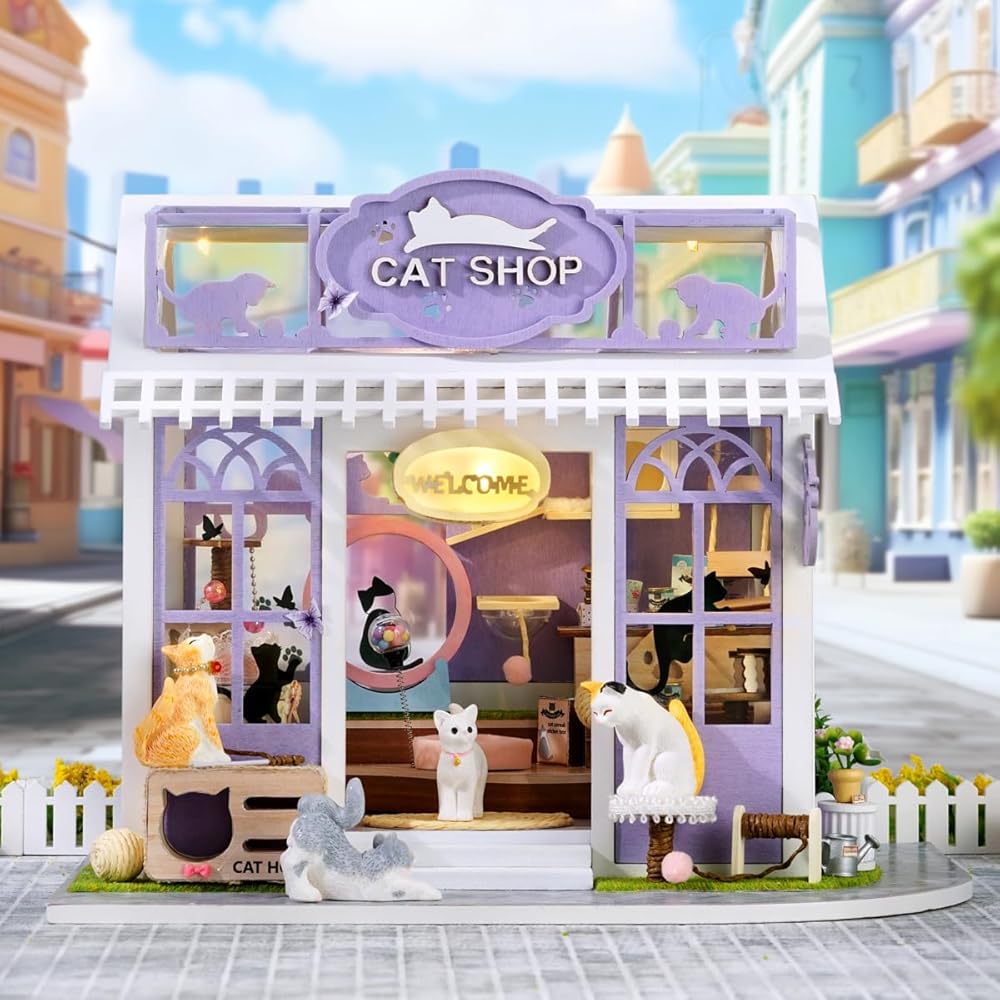 Cuteroom Miniature Dollhouse Kit DIY Wooden Cat Paradise with Mini Furniture Home Decor Gift for Beginners