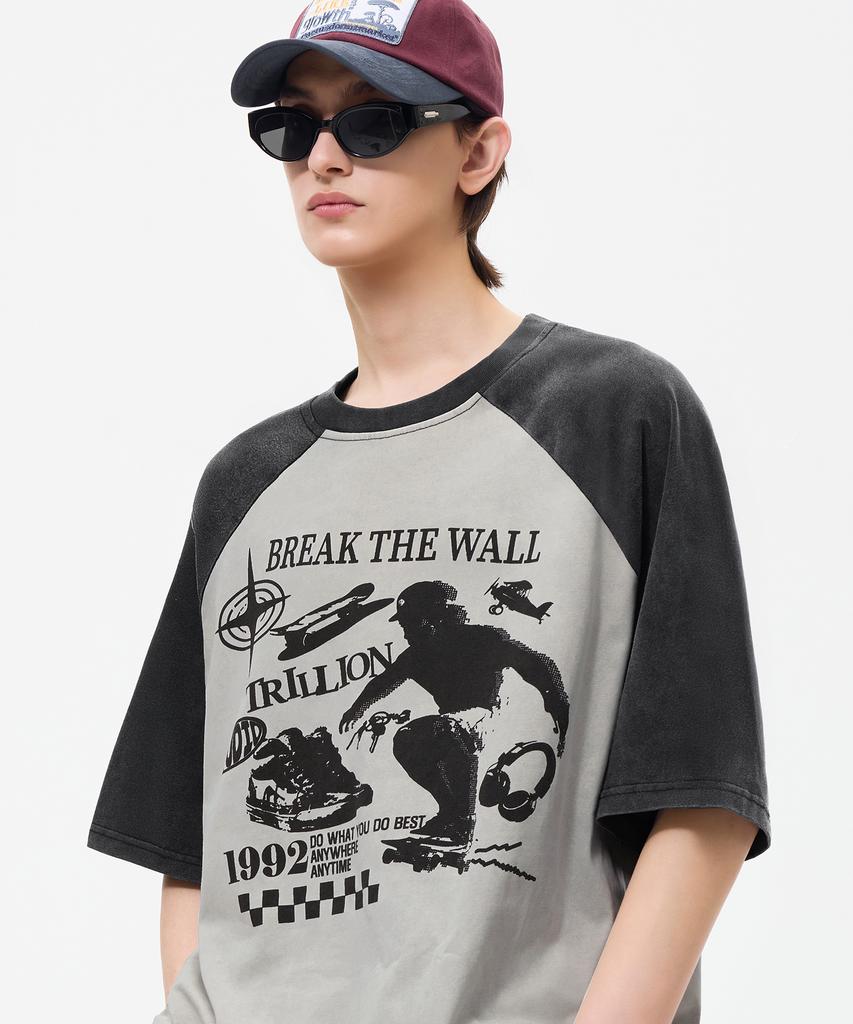 TRILLION Skateboard Pigment Graphic Raglan Short Sleeve_Charcoal