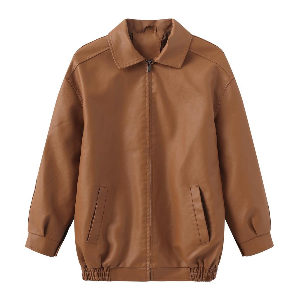 Kadın Ceketleri Suni Deri Uzun Kollu Yaka Fermuarlı Bol Ceket Sonbahar İlkbahar Motosiklet Bomber Üstler Tatil Günlük Dış Giyim