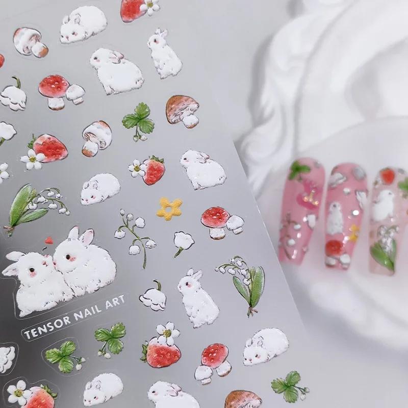 Lovely Strawberry Rabbit Cartoon 5D Embossed Reliefs Self Adhesive Nail Art Decorations Stickers 3D Manicure Decals