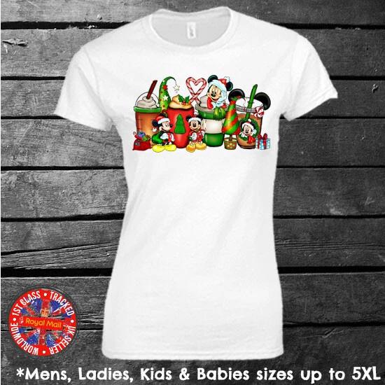 Christmas Coffee Drink Mickey Mouse T-shirt Mens Ladies Kids S