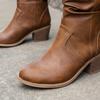 Damen Slouch Westernstiefel, Retro Einfarbig V-Ausschnitt Klobige Absätze Schuhe, Lässige Schlupf-Kurzstiefel