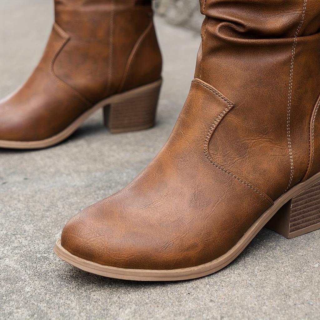 Damen Slouch Westernstiefel, Retro Einfarbig V-Ausschnitt Klobige Absätze Schuhe, Lässige Schlupf-Kurzstiefel
