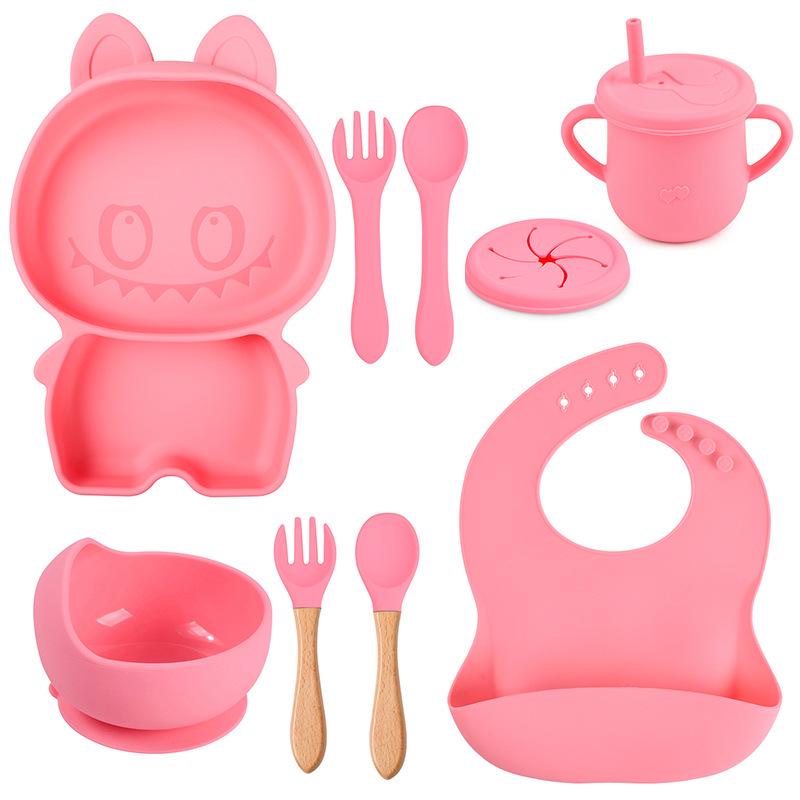 Baby Silicone Dinnerware Set: Silicone Bowl, Cartoon Plate, Bib, Divided Stainless Steel Spoon, Fork, Cup.
