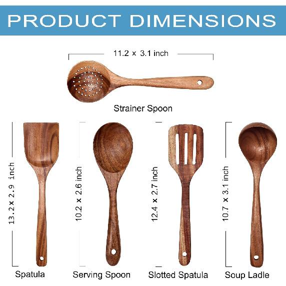 Wooden Cookware, Teak Cookware Non-stick Cookware Wooden Spoon Cookware, Natural Teak 100% Handmade, Without Any Lacquer Kitchen Wooden Utensil Set 5