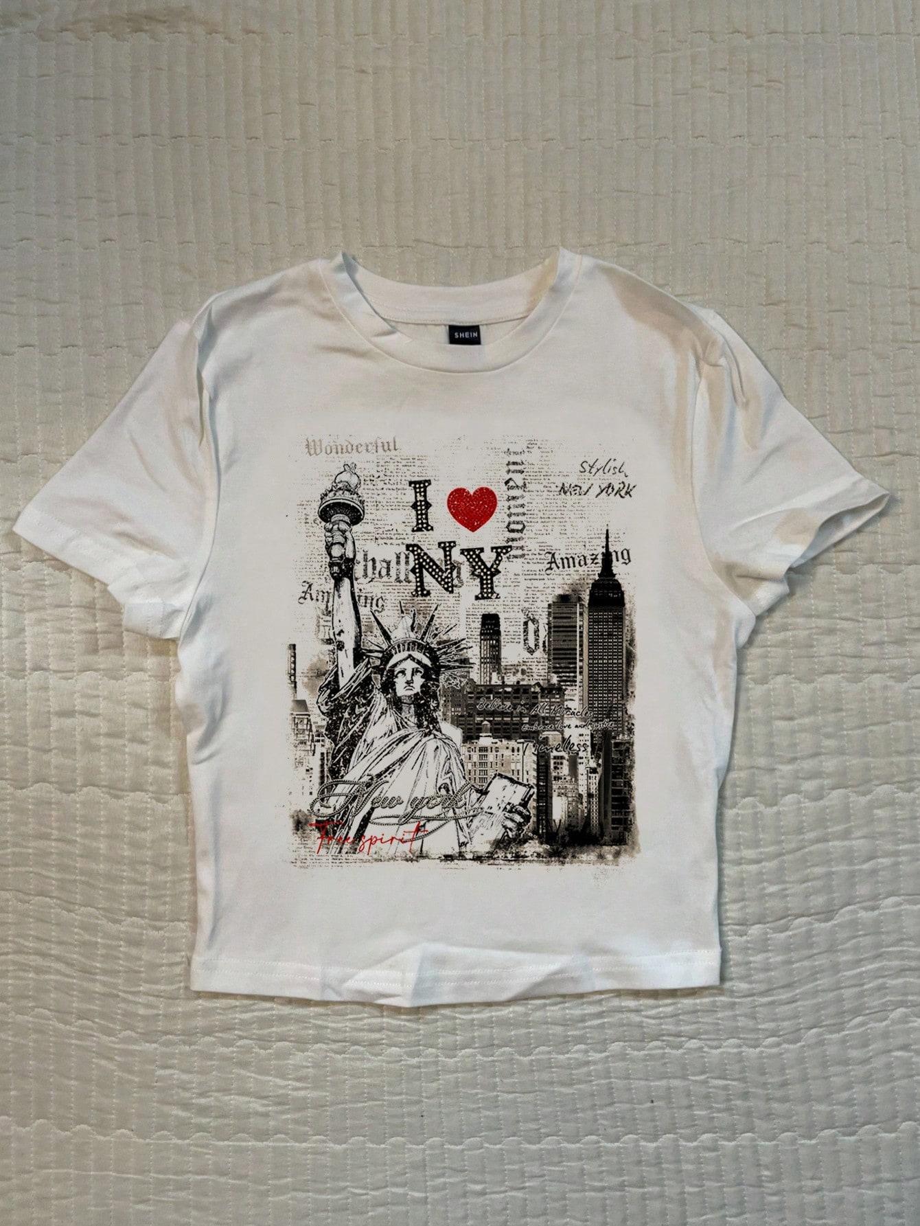 Vintage Style Casual I Love NY Letter Graphic Statue Of Liberty New York Scenery Graffiti Print Women TShirt For Summer S
