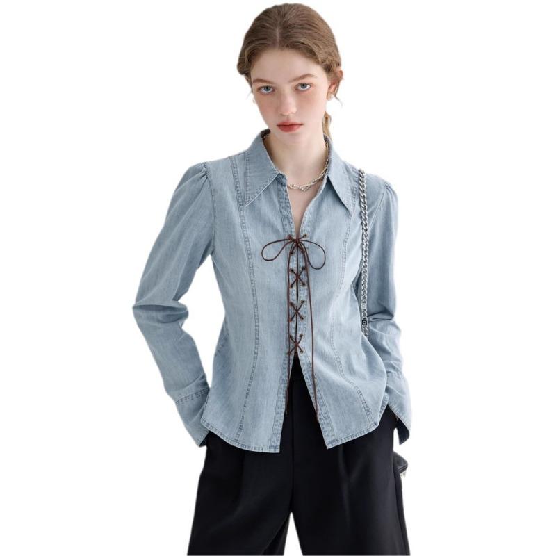 Women's Spring New Design Tie Long Sleeve Split Waisted Denim Shirt Top