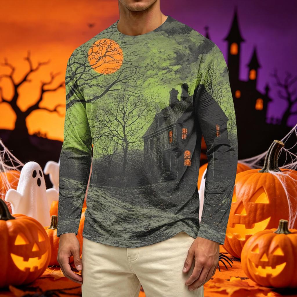 Men's Casual Long Sleeve Crew Neck T-Shirt with All Over Ghost Print Lightweight Comfortable Fit for Everyday Wear