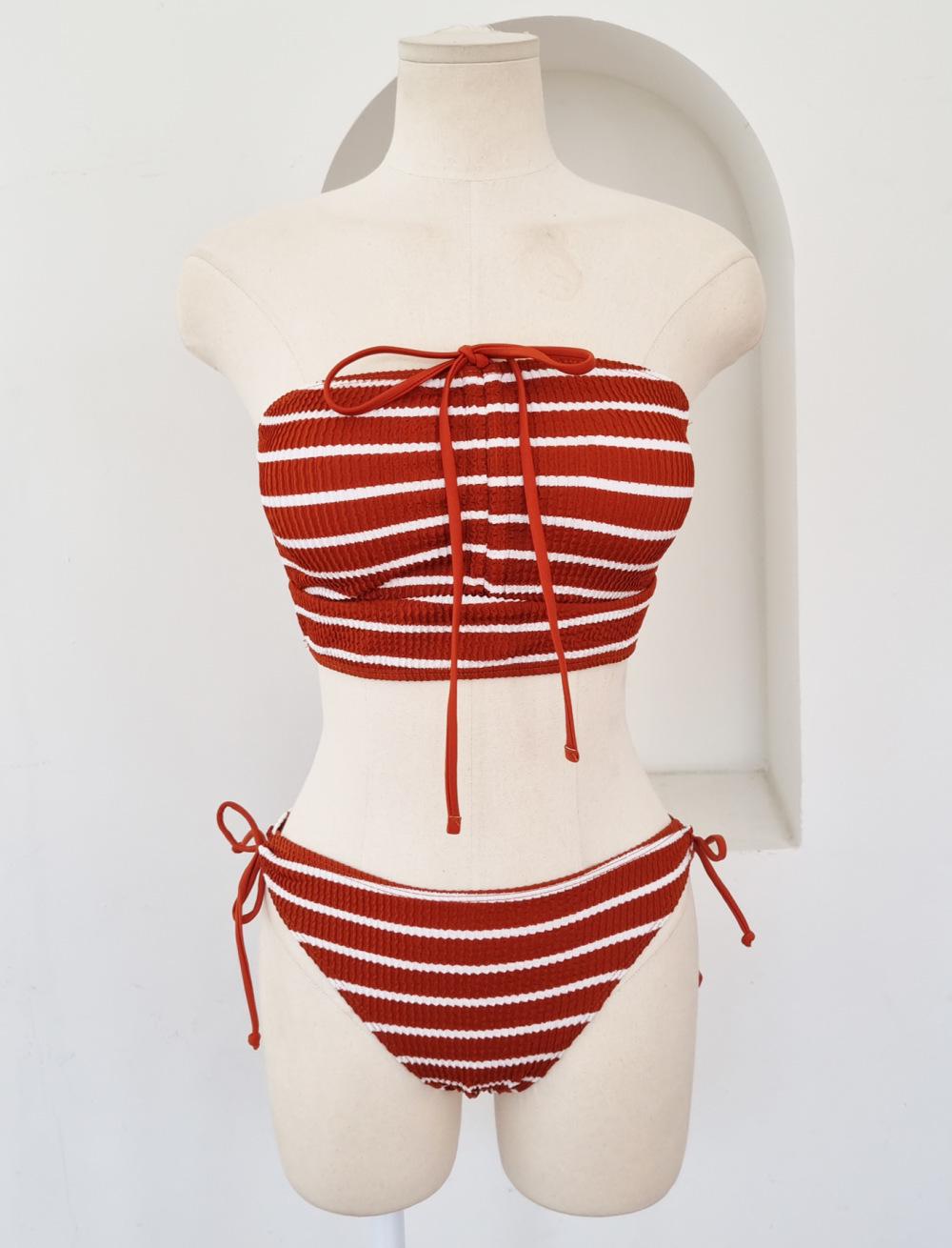 

Корейский стиль полосатый без бретелек халтер раздельный пляжный купальник для женщин Medium красный