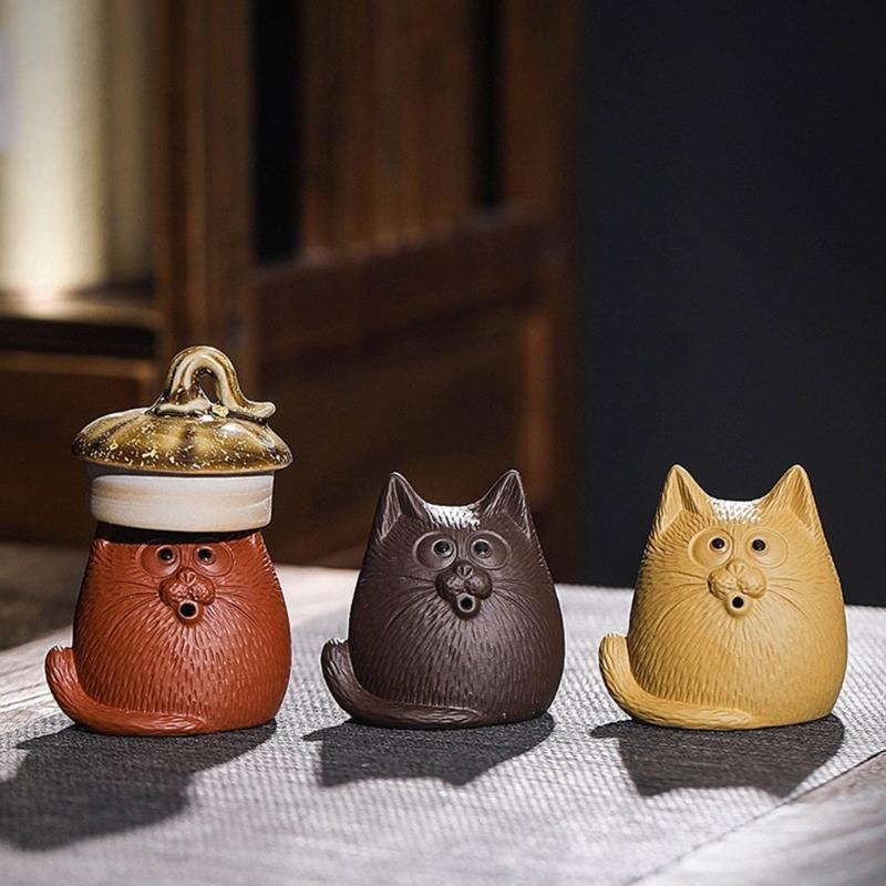 Cats Shape Zisha Clay Figurine Incenses Stick Holder for Animal Lover Handmade Pottery Animal Statue Ornament Decors