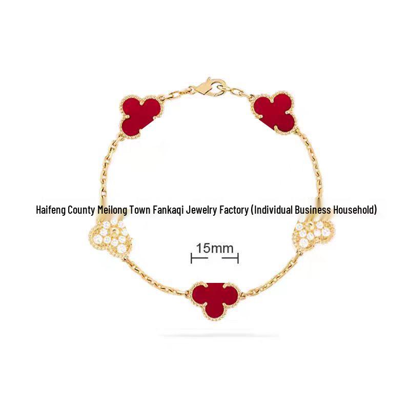 Bransoletka V Gold z Różowego Złota 18K z Koniczyną na Szczęście, Fioletowym Chalcedonem i Czerwonym Agatem dla Kobiet