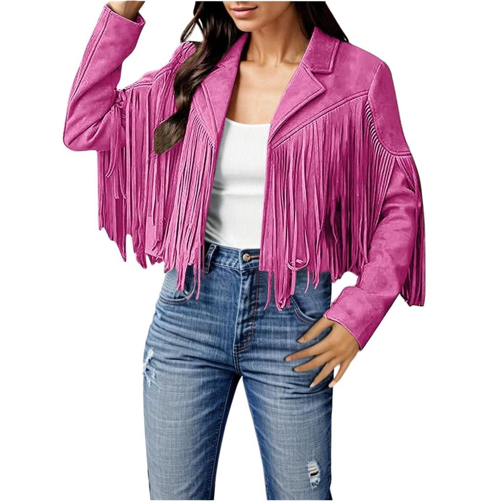 Women Faux Suede Leather Tassel Jackets - Vintage Lapel Open Front Cowboy Style Long Sleeve Tassels Cardigan Coat Tops