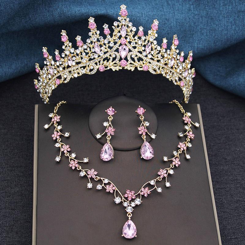 3Pcs Sets Princess Crown Bridal Jewelry Sets for Women Tiaras and Choker Necklace Earrings Wedding Dress Bride Jewelry Set