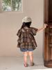 2026 Girls' Mori-style Coffee Plaid Flutter Sleeve Top + Dark Green Shorts Set