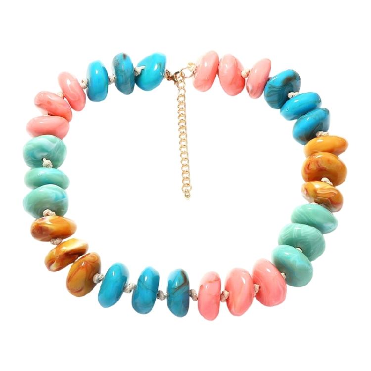 Resin Bead Strand Necklace With Color-Block Detail, Extender Chain Fit and Statement Styling for Daily Outfit Pairing