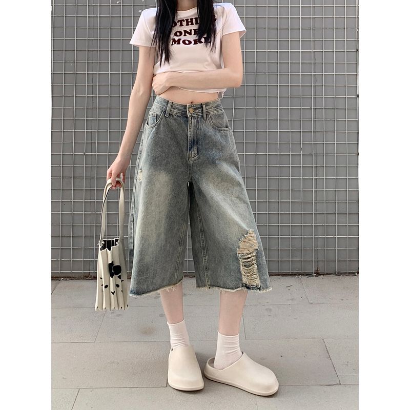 

Kumikumi American Retro Ripped Denim Loose Pants Women s Autumn Distressed High Waist Loose Straight-leg Cropped Pants Light Blue XL