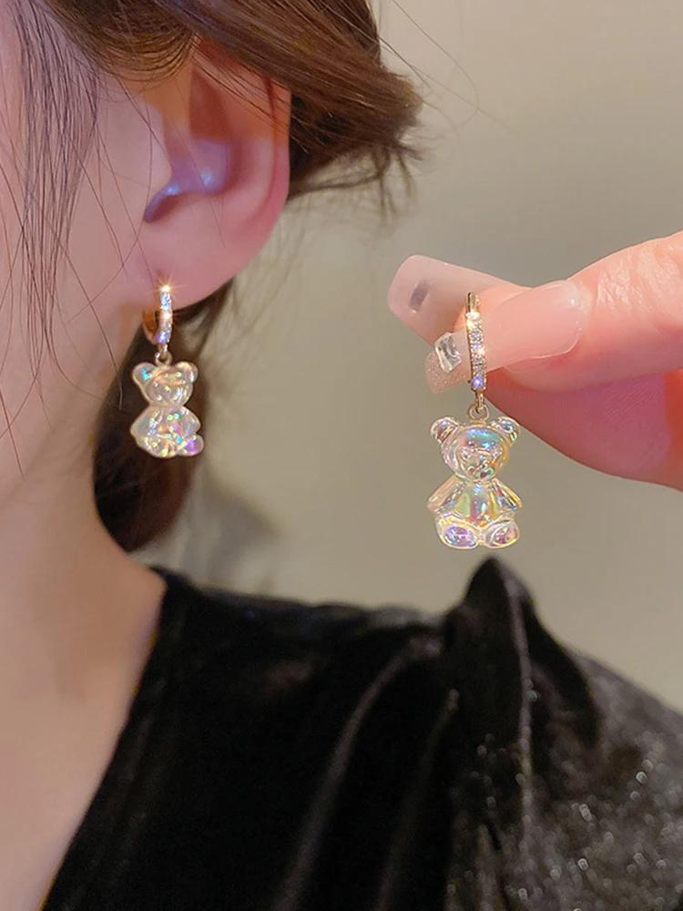 Cute Bear Earrings For Women Shiny Zircon Earrings 2024 New Trendy Golden Copper Drop Earring Party Wedding Zircon Girls Gifts