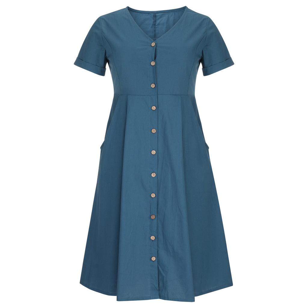 Women's Casual Loose V Neck Short Sleeve With Pockets Buttons Elegant  Swing Dresses