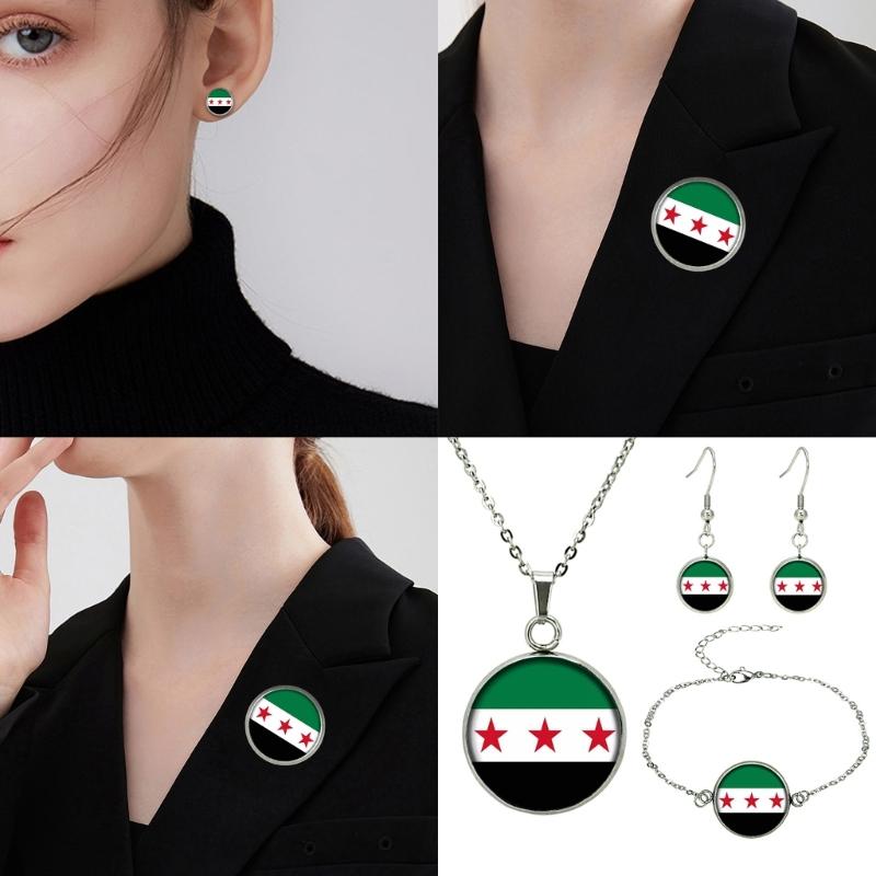 Elegantes syrisches Flaggen-Schmuckset mit Halskette, Armband, Ohrringen aus Edelstahl und Glas für Kulturbegeisterte