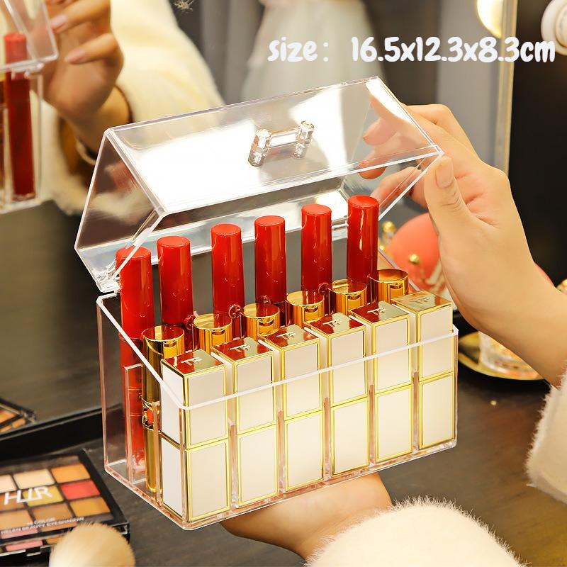 Transparent Cover Cosmetic Lipstick Storage Box Dustproof Desktop Multi-grid Makeup Organizer Plastic Material Lipstick Rack