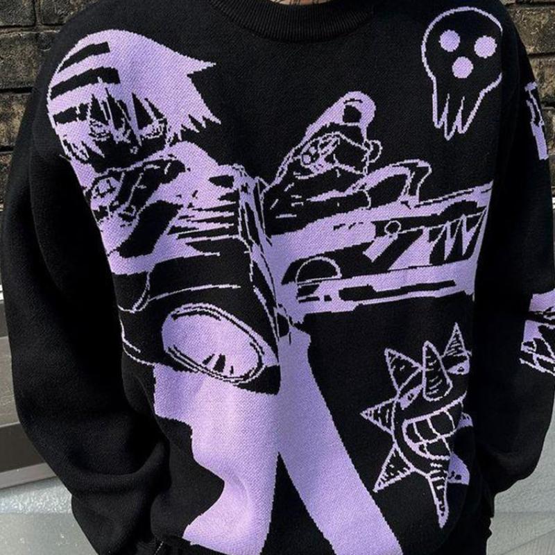 Y2K Harajuku Pullover Damen Winter Ästhetik Gestrickte Stickerei Anime Muster Pullover Street Style Paar Top