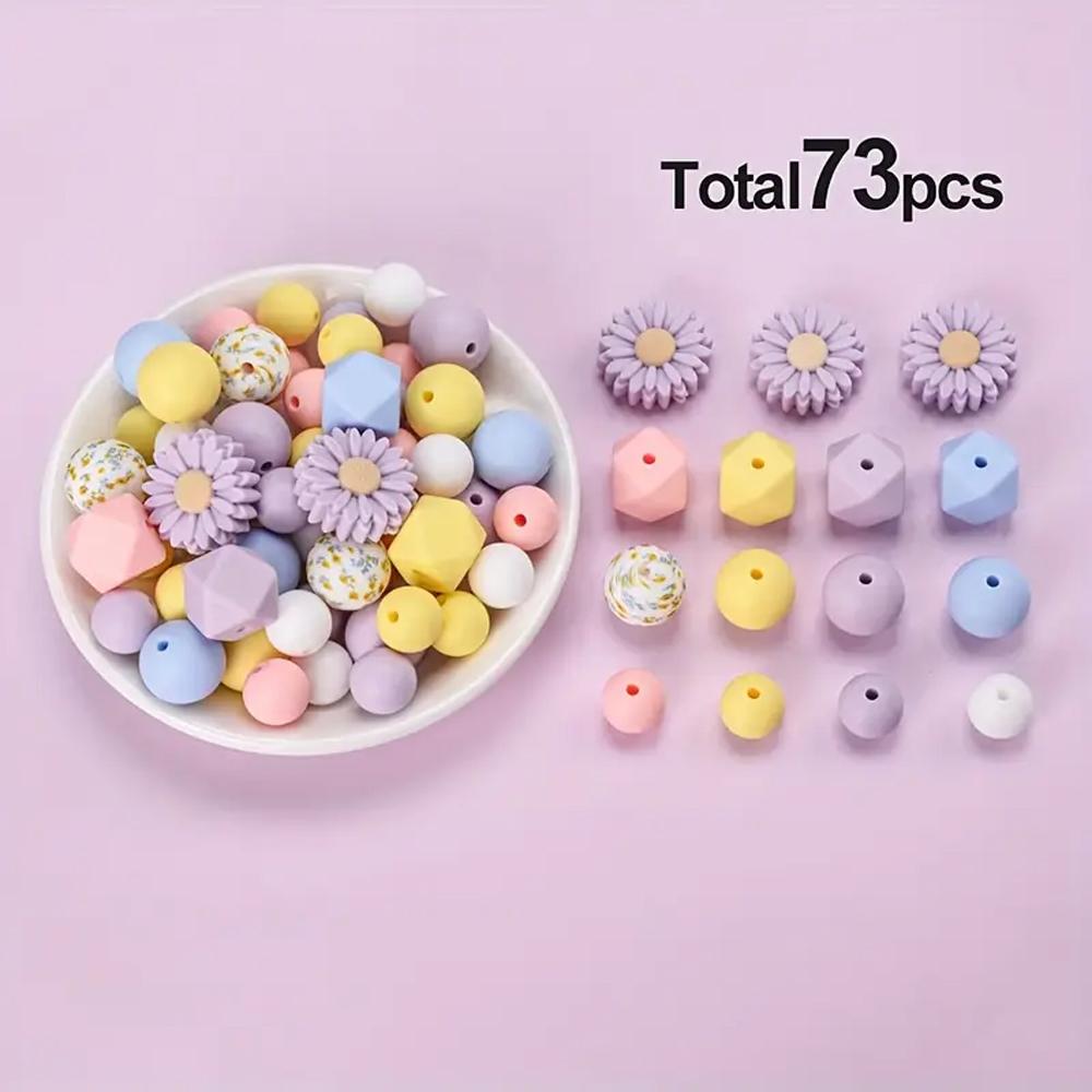 73/79PCS daisy silicone beads, 12/14/15mm round printed silicone beads in bulk, DIY keychain bracelet jewelry making