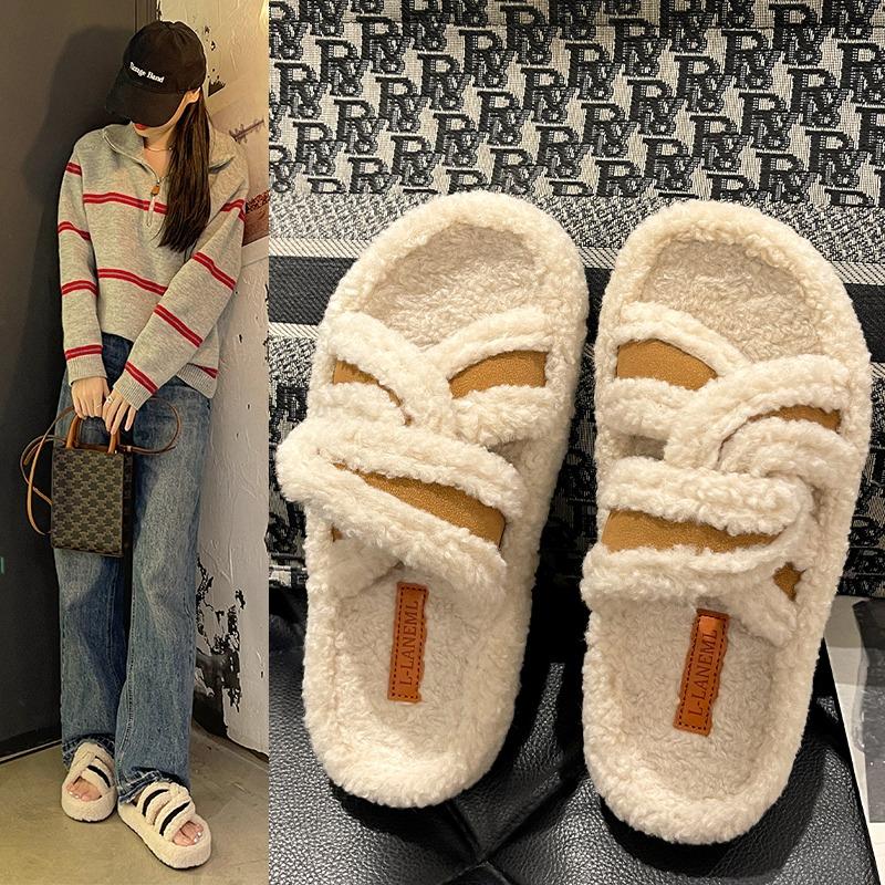 Fashion 2024 New Winter Furry Slippers Fashion Open Toe Comfortable Slippers Women's Indoor Cotton Shoes Fluffy Warm Home Slippers