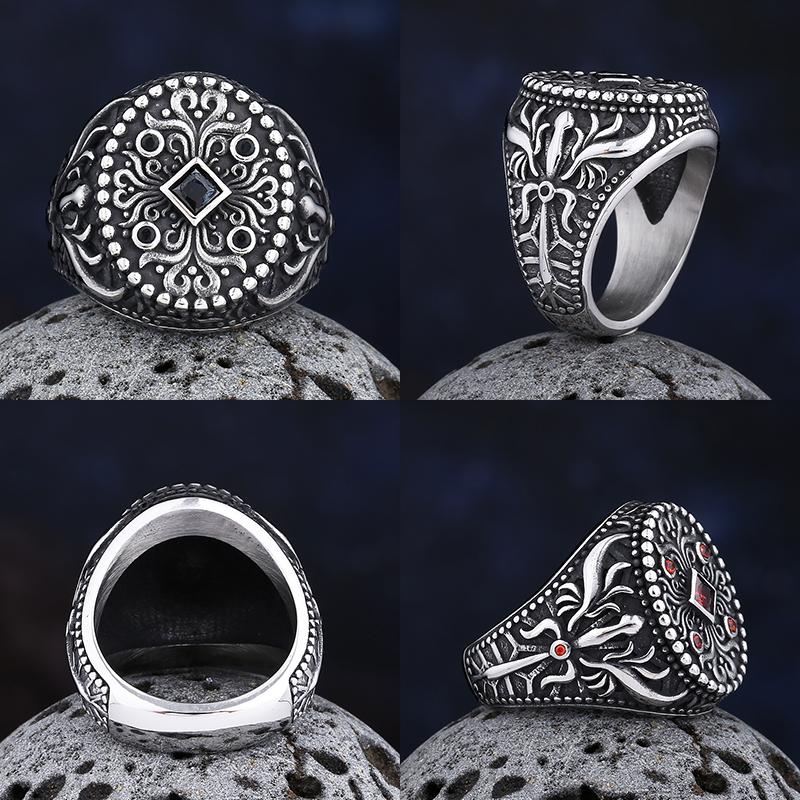 New 316L Stainless Steel Retro Turkish Signet Pattern Totem Rings With Red&Black Inlay Zircon For Man Punk Motor Biker Jewelry