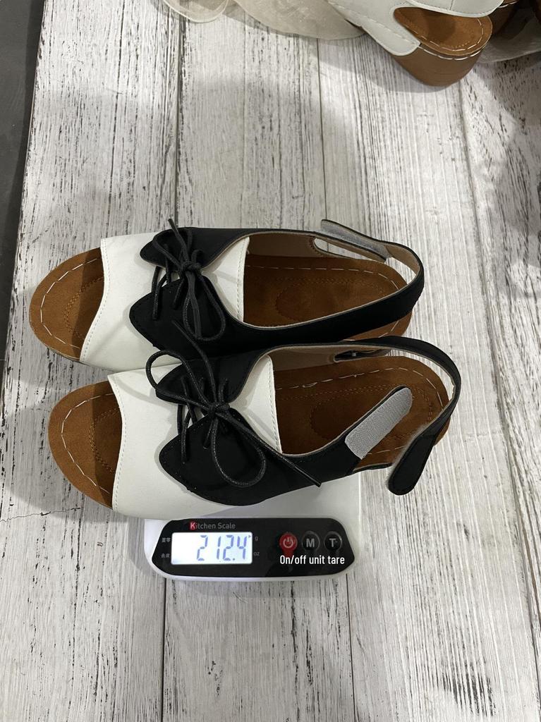 Women's Plus Size Color Block Wedge Sandals with Thick Sole and Velcro Lace-up.