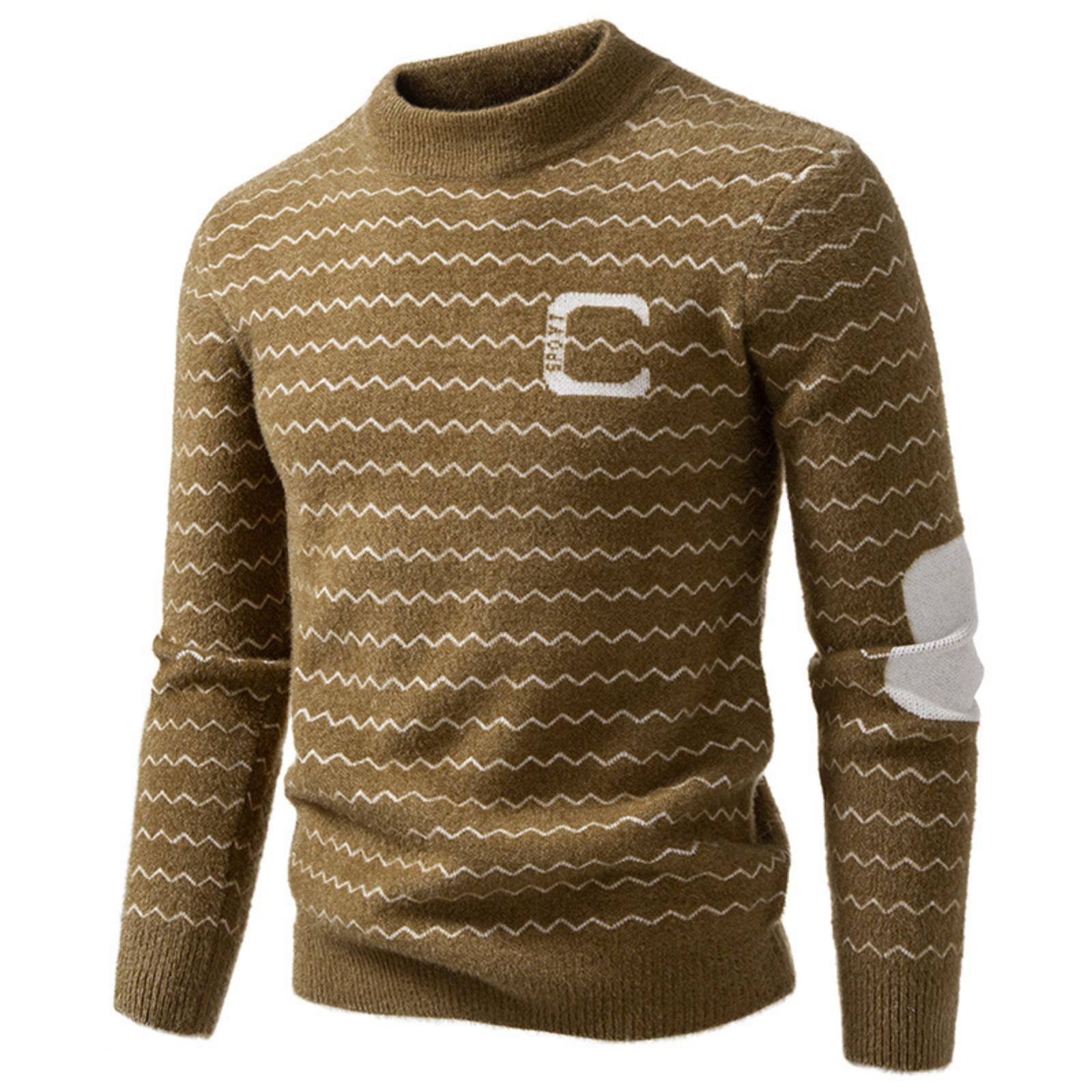 

Мужской повседневный и модный вязаный свитер с принтом в виде волнистых линий, мужской пуловер с полувысоким круглым вырезом, базовый свитер XL верблюд