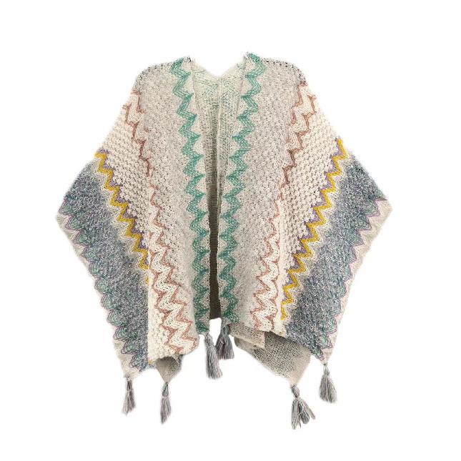 Shawl Wraps for Women Boho Knit Poncho Ladies Rainbow Casual Loose Striped Fringe Blanket Scarf