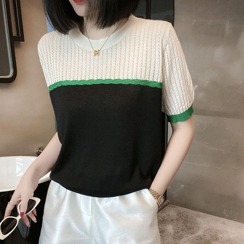 Hollow Out Jacquard Color Blocked Short Sleeved Summer Anti-aging Design Round Neck Thin Knit Sweater