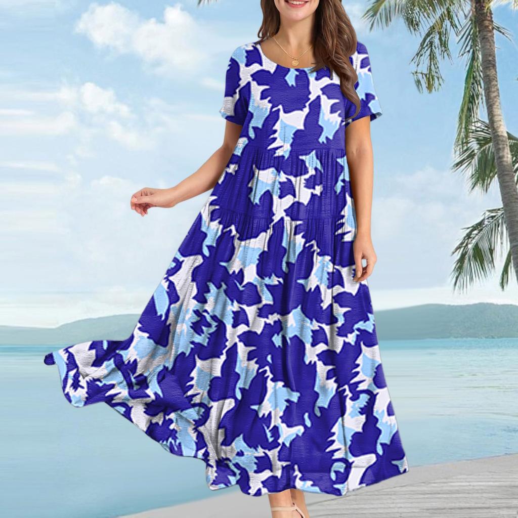 Women Casual Loose Bohemian Floral Dress Short Sleeve Long Maxi Summer Beach Swing Dress