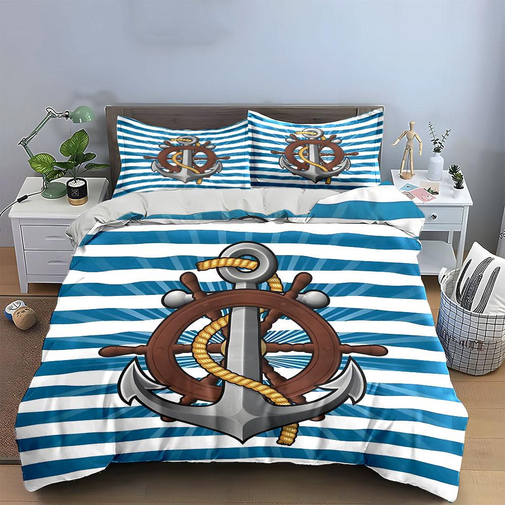 Nautical-Themed Anchor and Wheel Set Exquisite Three-piece Bedding Set Gift for Kids and Adults