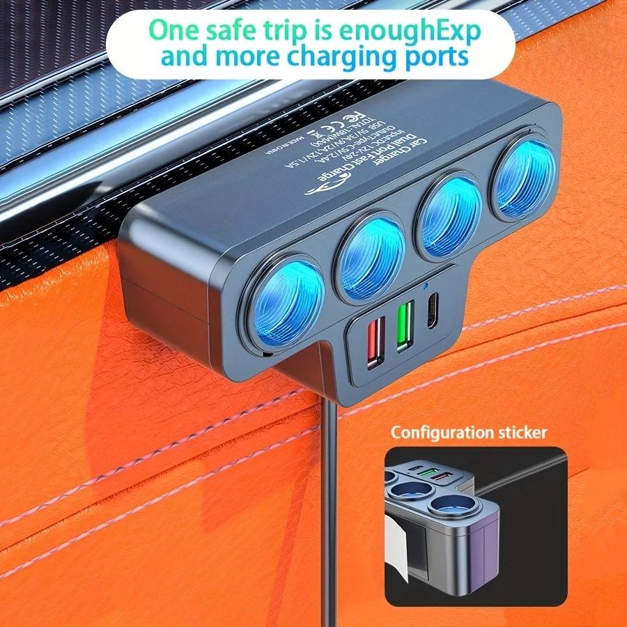 7-in-1 Car Charger Splitter with 4 Sockets and USB/PD Ports, 12–24V Fast Charging Adapter with Safety Fuse and Long Cable