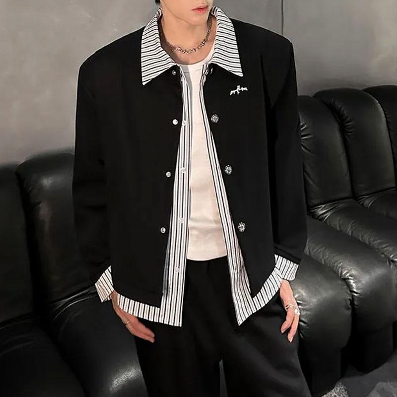 Stylish Fake Two Pieces Striped Sweatshirts Autumn Korean Spliced Men's Clothing Single-breasted Casual Turn-down Collar Hoodies