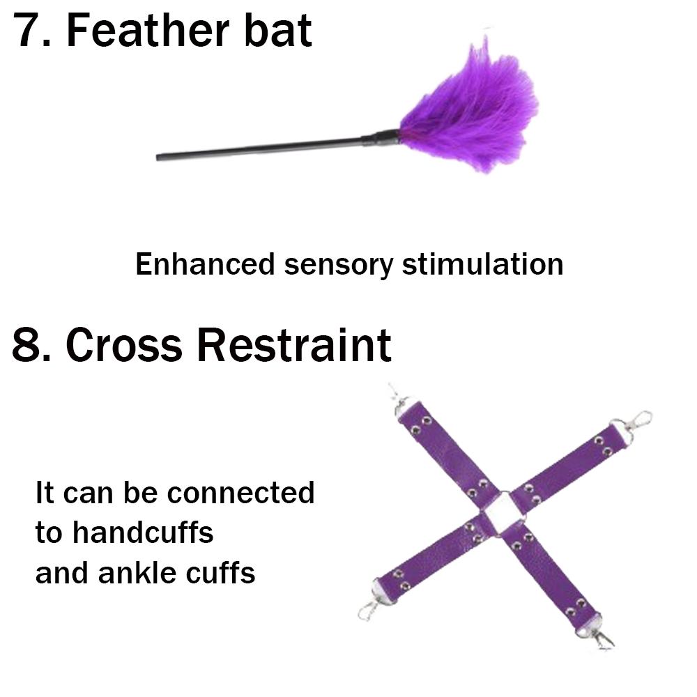 10Pcs  Bondage Restraint Kit for Couples - Leather Handcuffs, Ankle Cuffs, Whip, Gag, Blindfold, Collar & Nipple Clamps