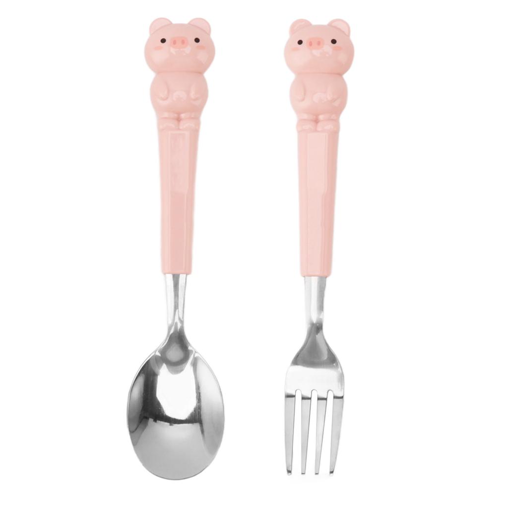 2Pcs Stainless Steel Fork and Spoon Cute Cartoon Look Cutlery Set Children Curved Tableware Set Pink Pig