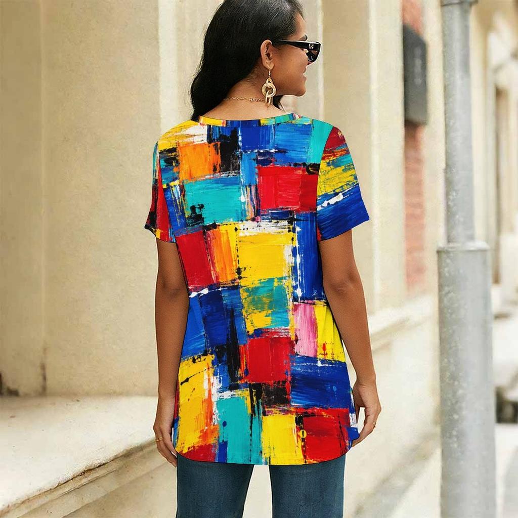 Women Plus Size Round Neck Short Sleeve Colorful Printed Flared T Shirt Curved Hem